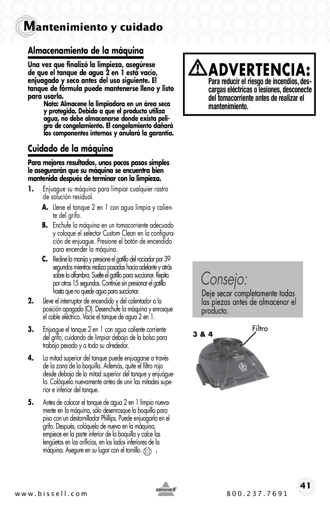 Bissell 20B4 warranty Mantenimiento y cuidado, Almacenamiento de la máquina, Cuidado de la máquina 