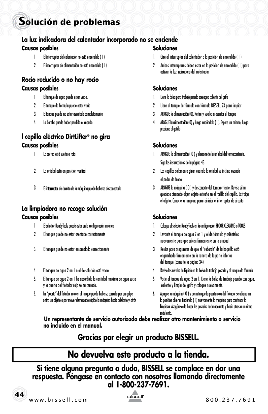 Bissell 20B4 warranty Solución de problemas, Gracias por elegir un producto Bissell 