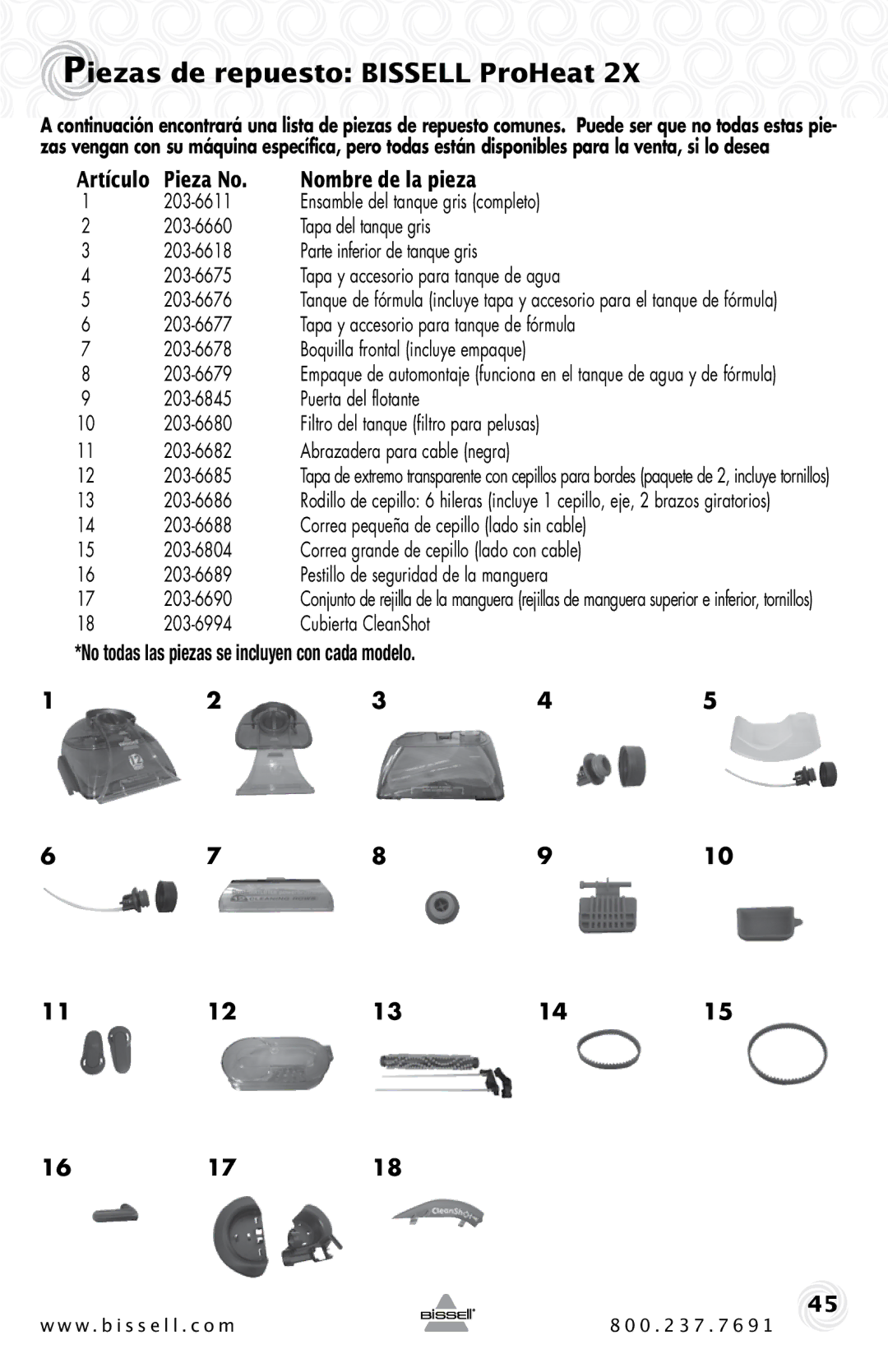 Bissell 20B4 warranty Piezas de repuesto Bissell ProHeat, Pieza No Nombre de la pieza, Artículo 