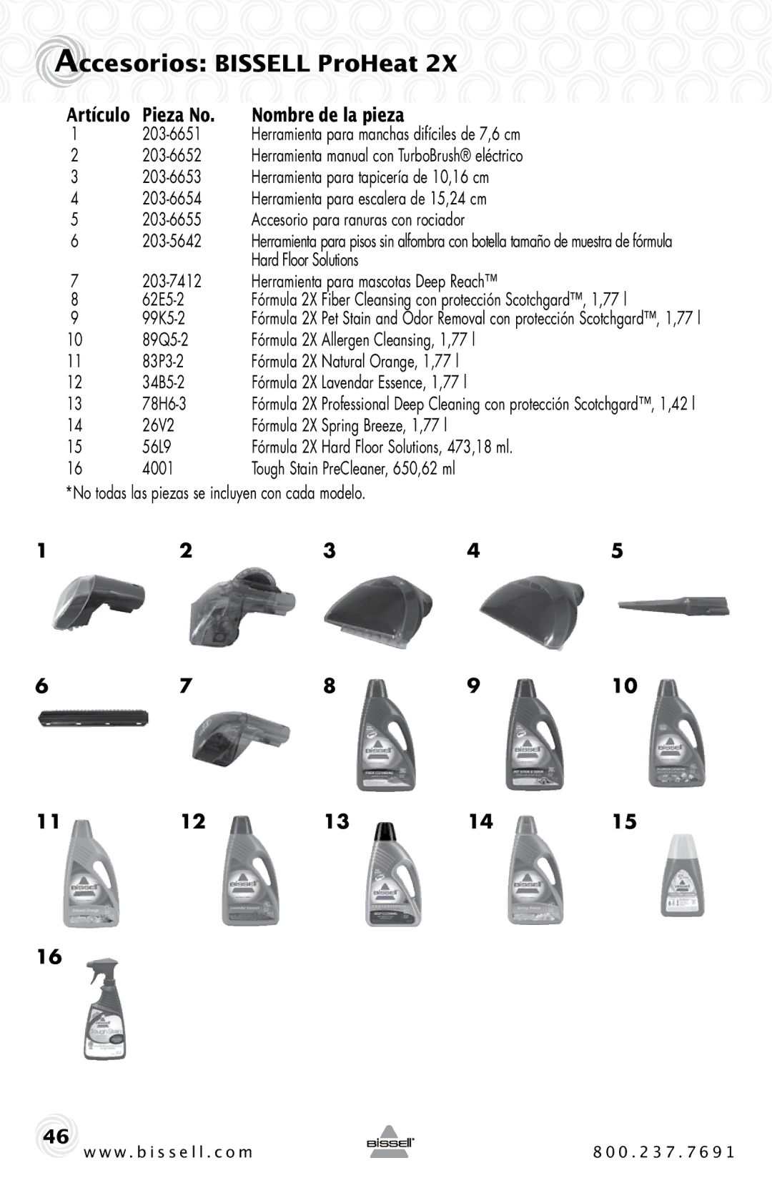 Bissell 20B4 warranty Accesorios Bissell ProHeat, Artículo Pieza No 