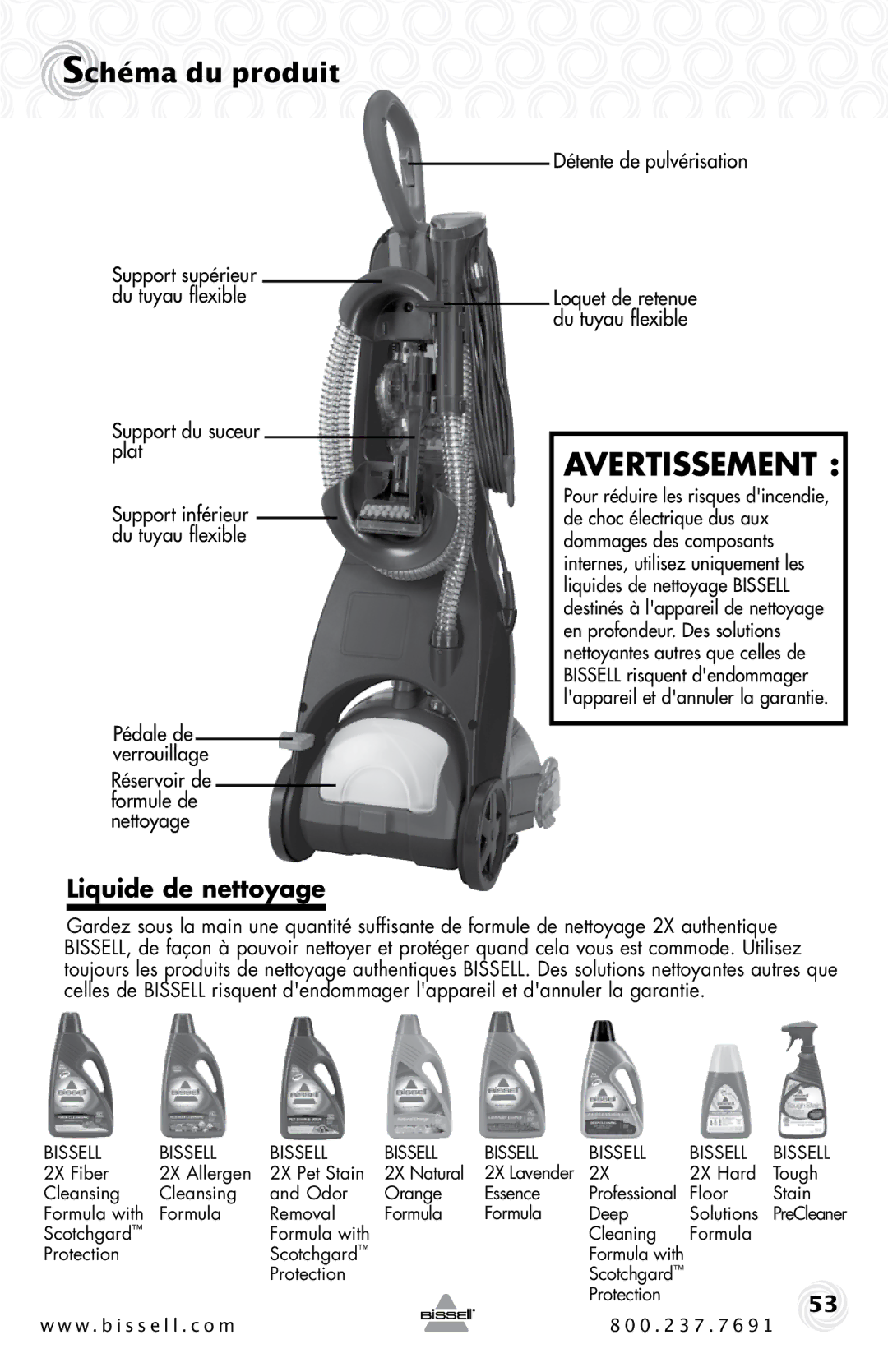 Bissell 20B4 warranty Liquide de nettoyage, Support du suceur plat 