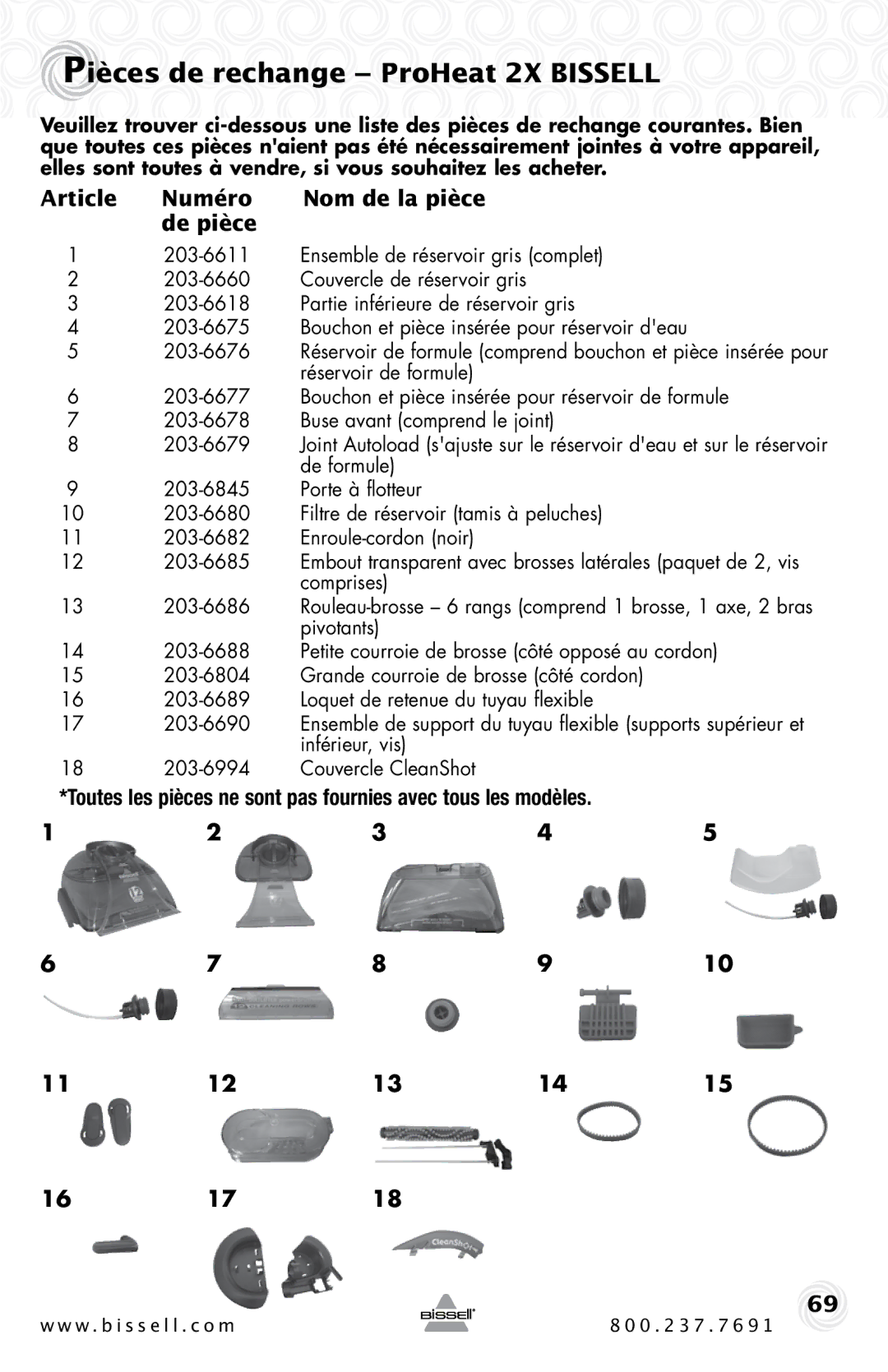 Bissell 20B4 warranty Pièces de rechange ProHeat 2X Bissell, Article Numéro Nom de la pièce De pièce 