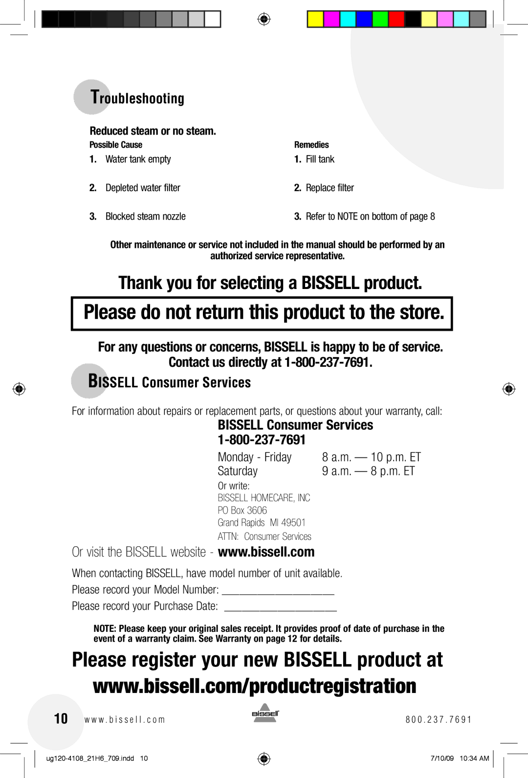 Bissell 21H6 warranty Troubleshooting, Reduced steam or no steam 