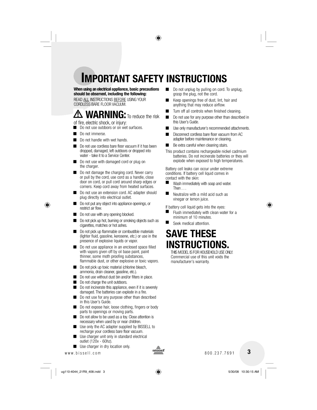 Bissell 21R9 warranty Important Safety Instructions 