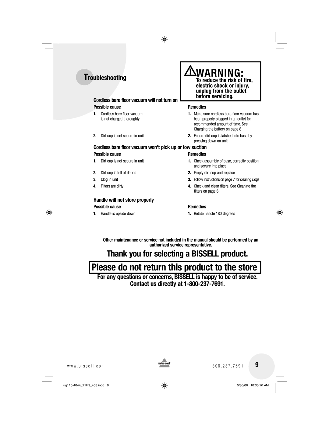 Bissell 21R9 warranty Troubleshooting, Cordless bare floor vacuum will not turn on, Handle will not store properly 