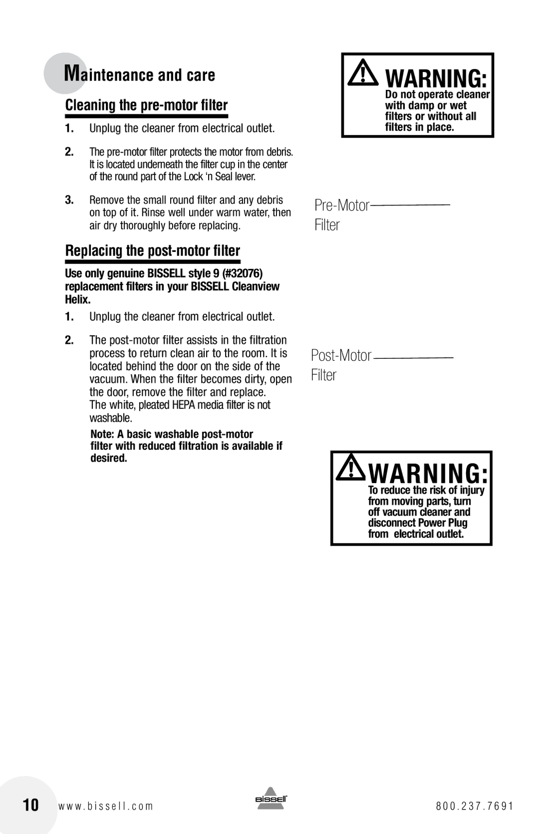 Bissell 22C1, 21K3 warranty Cleaning the pre-motor filter, Replacing the post-motor filter 