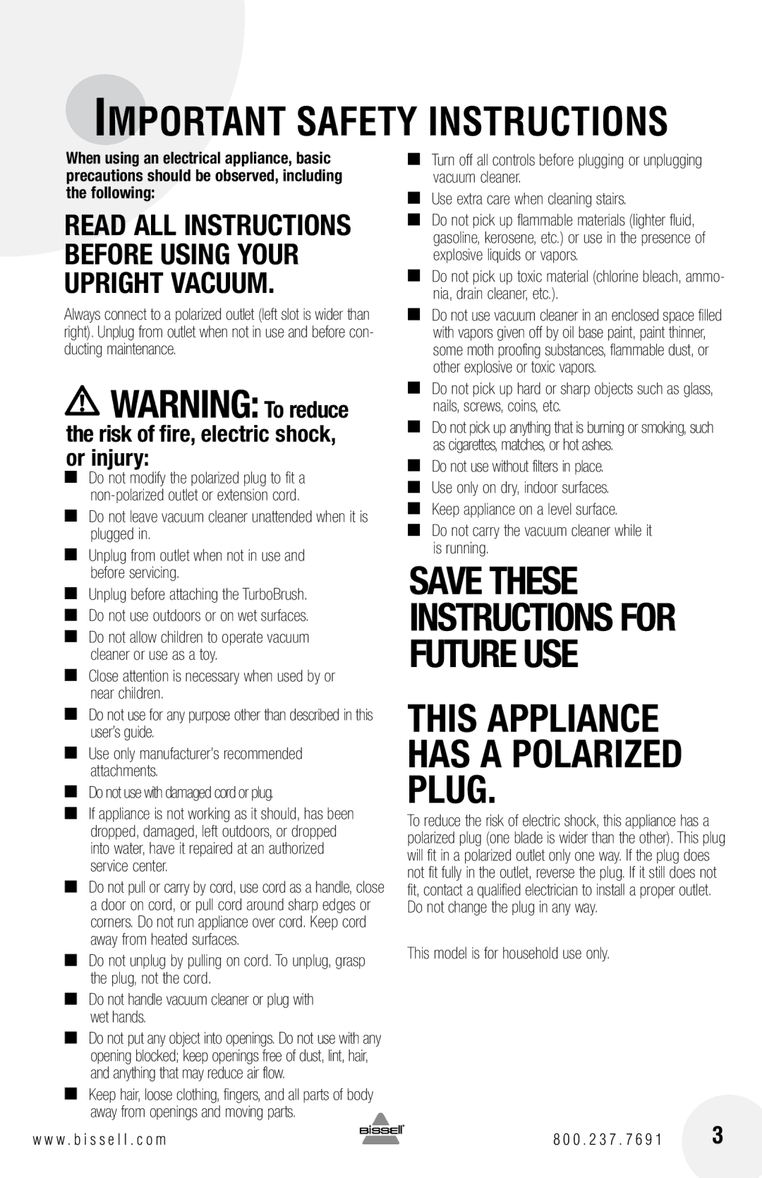 Bissell 21K3, 22C1 warranty Important Safety Instructions 