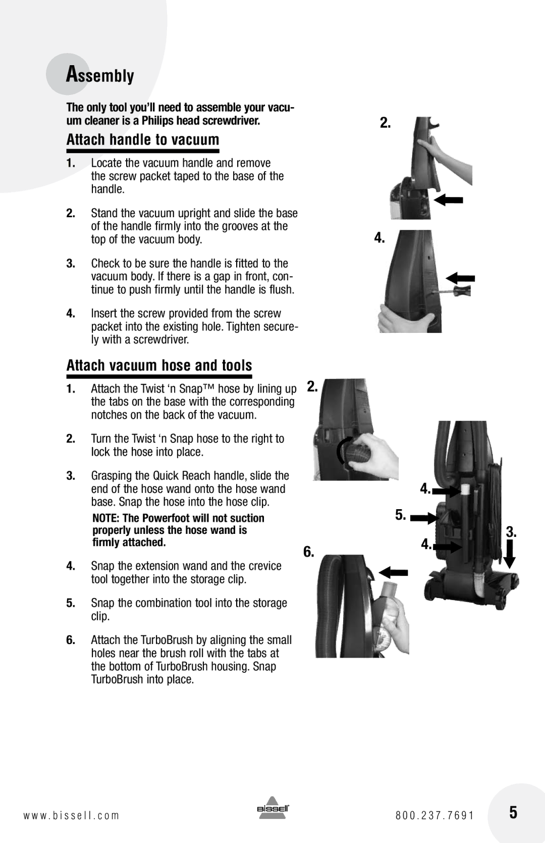 Bissell 21K3, 22C1 warranty Assembly, Attach handle to vacuum, Attach vacuum hose and tools 