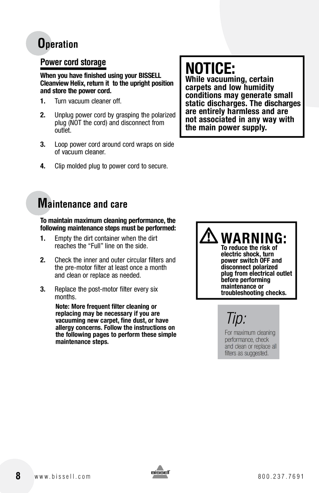 Bissell 22C1, 21K3 warranty Maintenance and care, Power cord storage, Replace the post-motor filter every six months 