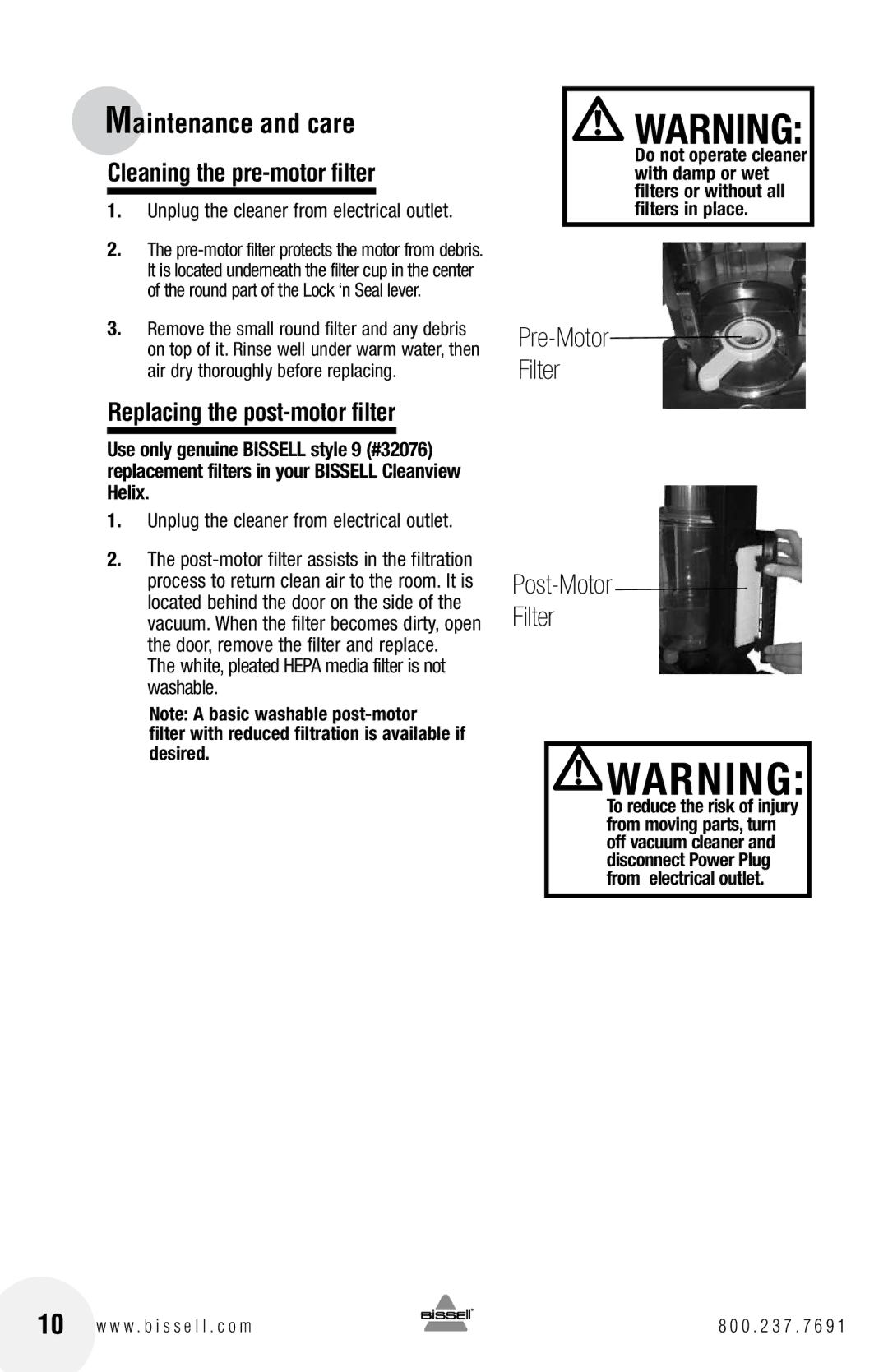 Bissell 22C1 warranty Cleaning the pre-motor filter, Replacing the post-motor filter 