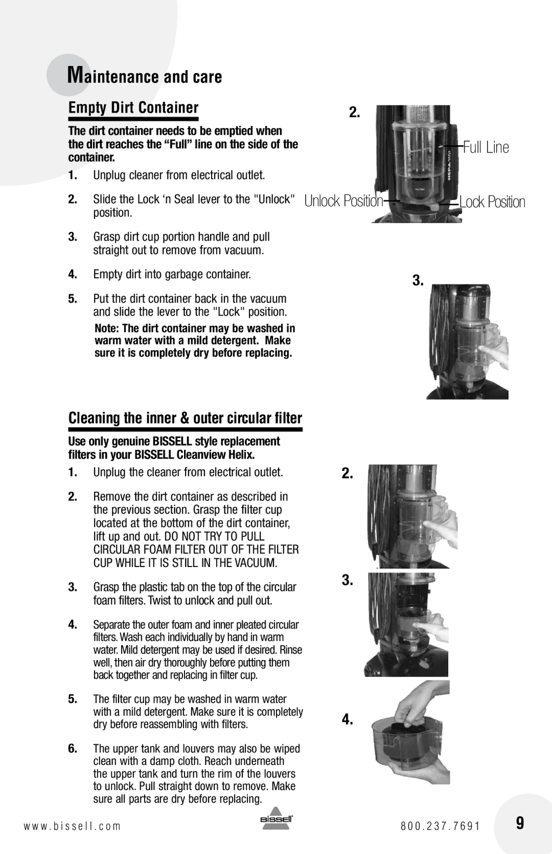 Bissell 22C1 Empty Dirt Container, Cleaning the inner & outer circular filter, Foam filters. Twist to unlock and pull out 