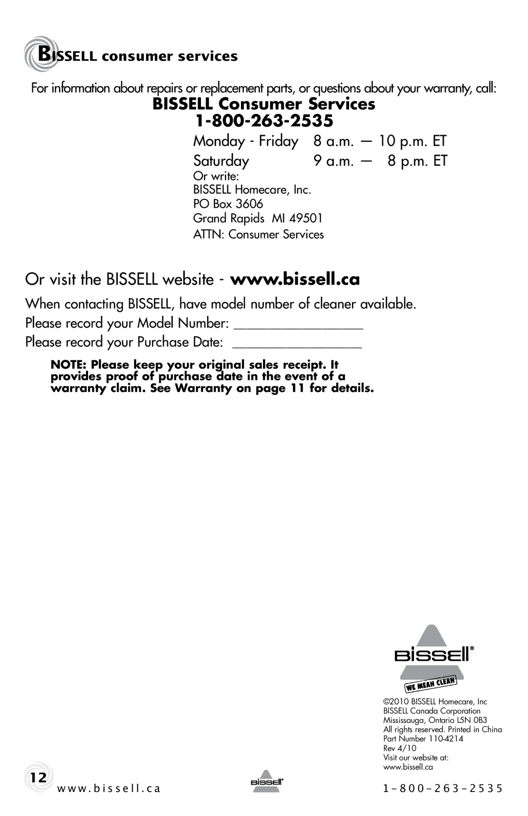 Bissell 22Q3 warranty Bissell Consumer Services, Bissell consumer services 