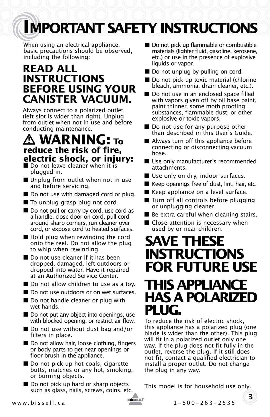 Bissell 22Q3 warranty Important Safety Instructions, Reduce the risk of fire, electric shock, or injury 