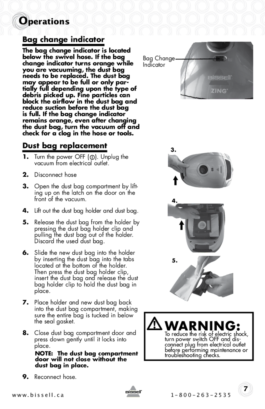 Bissell 22Q3 warranty Bag change indicator, Dust bag replacement 