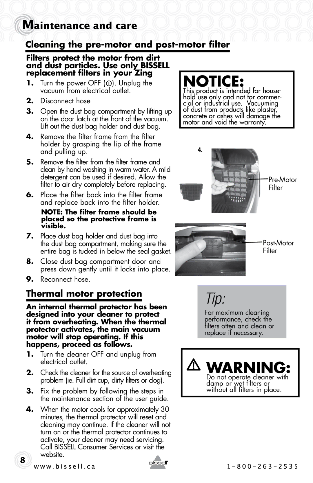 Bissell 22Q3 warranty Maintenance and care, Cleaning the pre-motor and post-motor filter, Thermal motor protection 