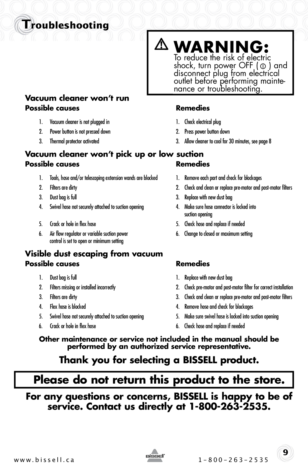 Bissell 22Q3 warranty Troubleshooting, Possible causes Remedies 