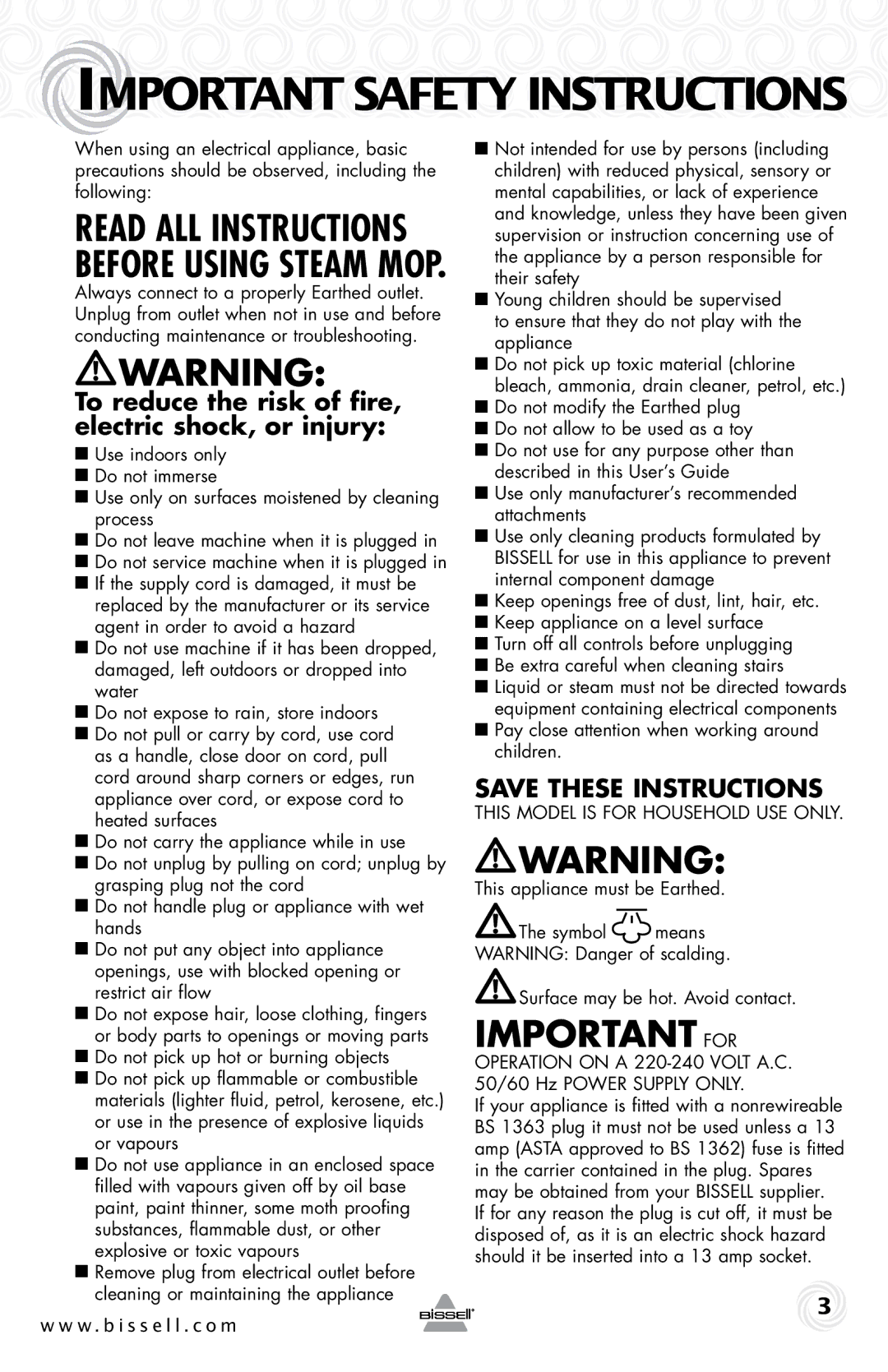 Bissell 23B6-J warranty Important Safety Instructions, To reduce the risk of fire, electric shock, or injury 