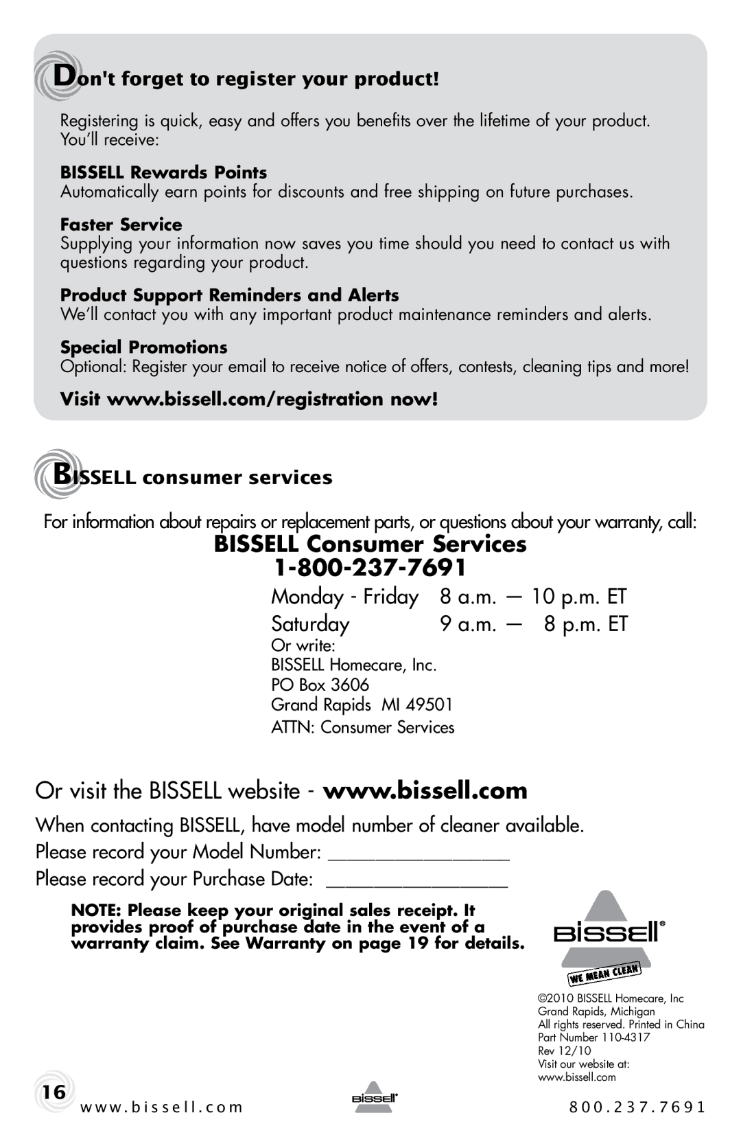 Bissell 23T7 warranty Bissell Consumer Services, Dont forget to register your product, Bissell consumer services 