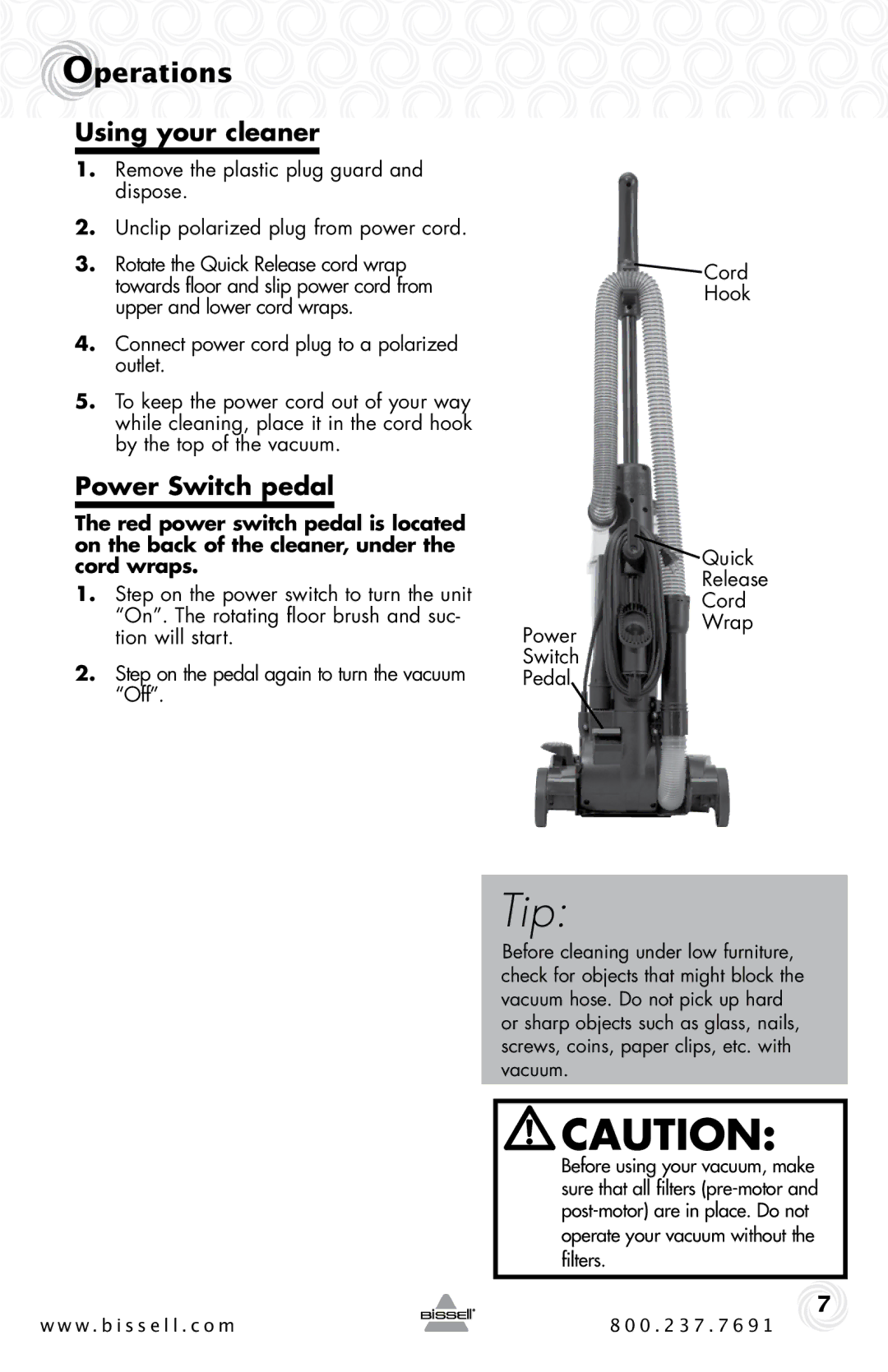 Bissell 23T7 warranty Using your cleaner, Power Switch pedal 