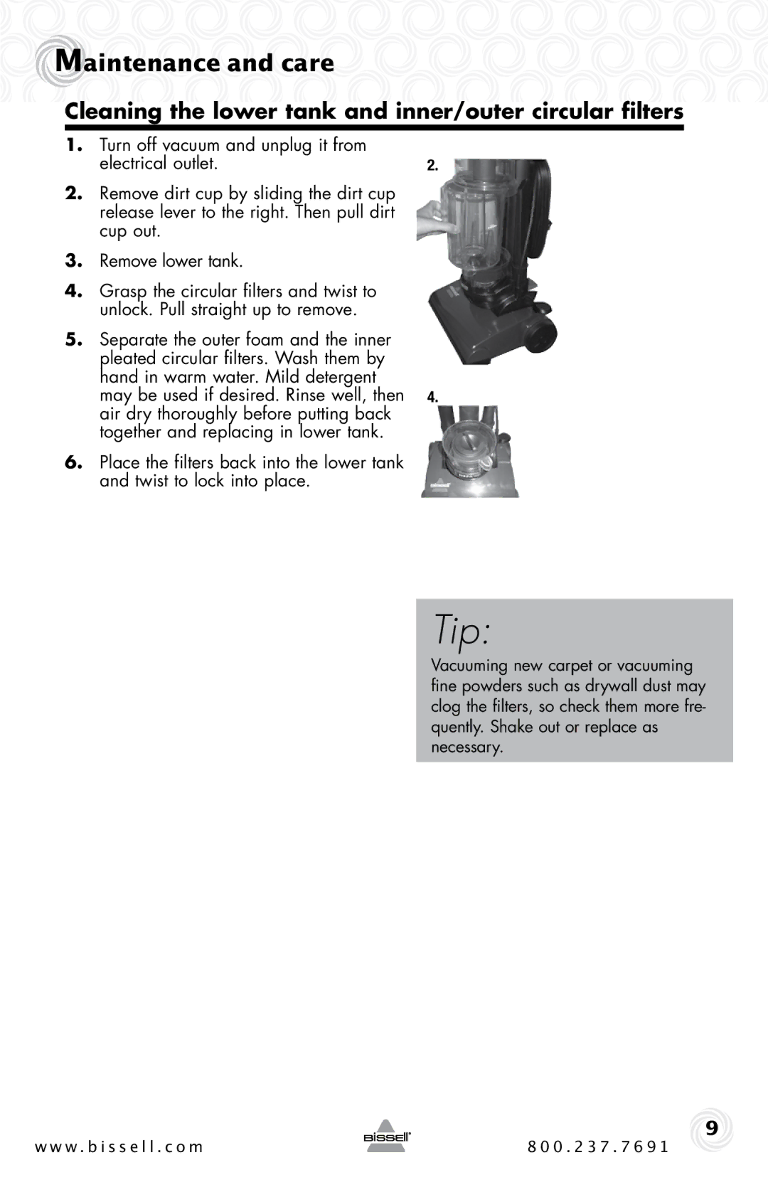 Bissell 23T7 warranty Cleaning the lower tank and inner/outer circular filters 