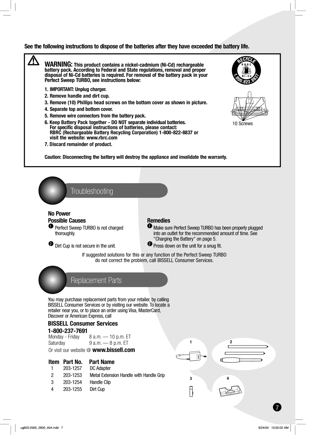 Bissell 2810, 2800, 2900 manual Troubleshooting, Replacement Parts 