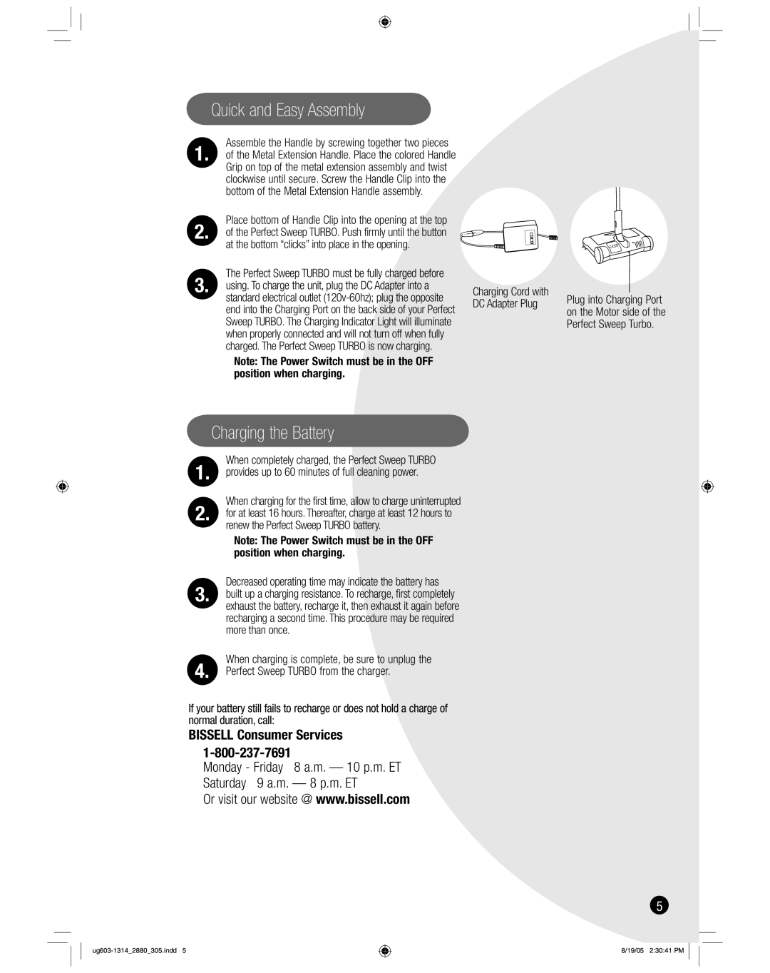 Bissell 2880 warranty Quick and Easy Assembly, Charging the Battery 