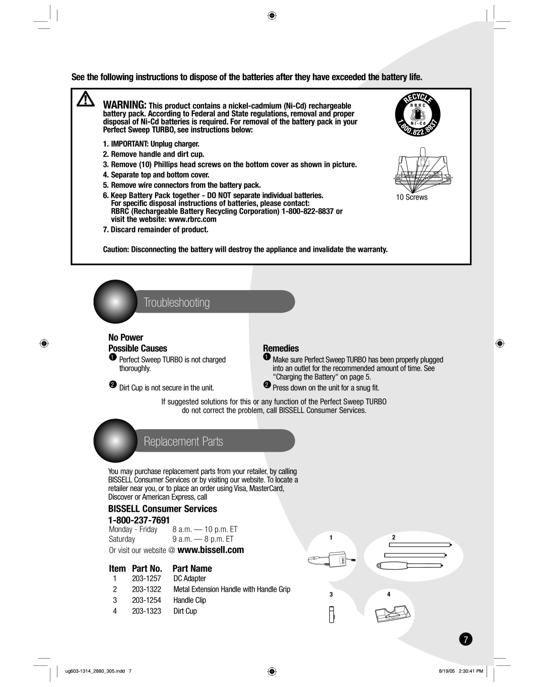 Bissell 2880 warranty Troubleshooting, Replacement Parts 