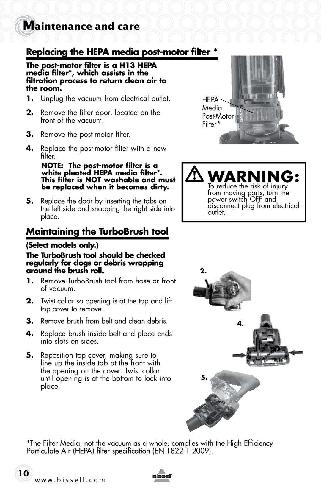 Bissell 28F4, 80E7 Replacing the Hepa media post-motor filter, Maintaining the TurboBrush tool, Media Post-Motor Filter 