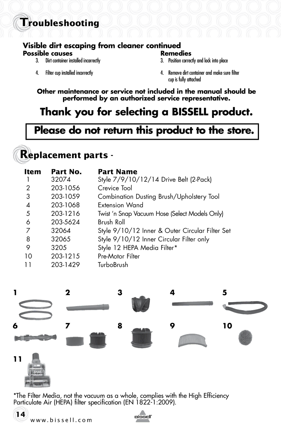 Bissell 28F4, 80E7 warranty Replacement parts, Part Name, Extension Wand 203-1216 