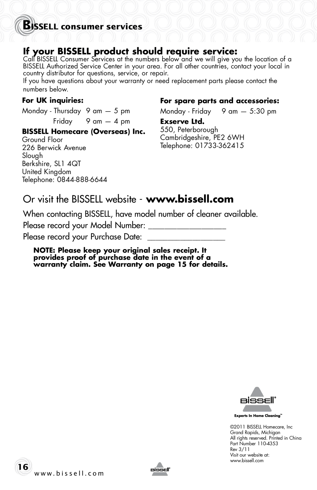 Bissell 28F4, 80E7 warranty If your Bissell product should require service, Bissell consumer services 