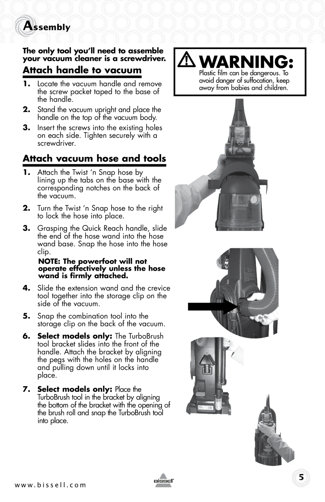 Bissell 80E7, 28F4 warranty Attach handle to vacuum, Attach vacuum hose and tools, Assembly 