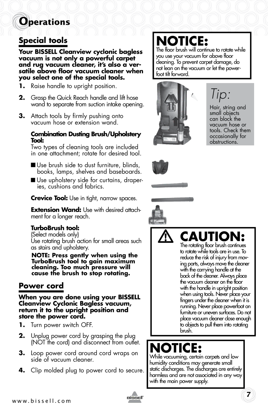 Bissell 80E7, 28F4 Special tools, Power cord, Raise handle to upright position, Combination Dusting Brush/Upholstery Tool 