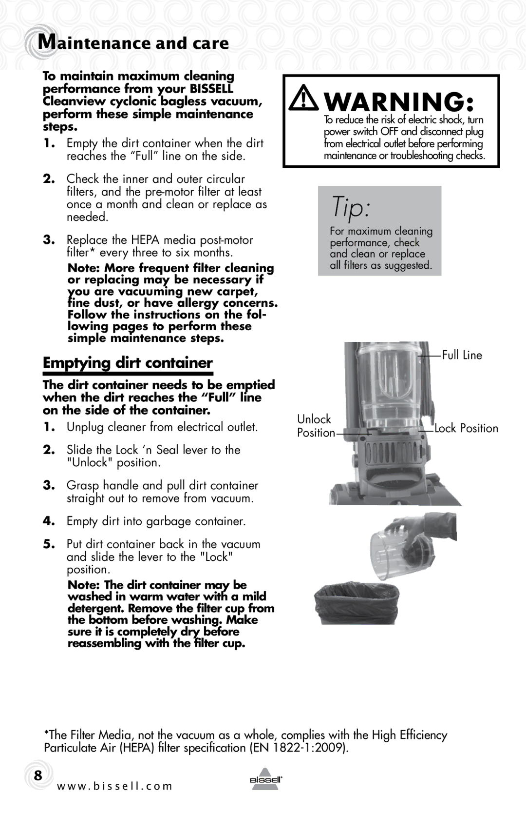 Bissell 28F4, 80E7 warranty Maintenance and care, Emptying dirt container, Full Line, Unlock 