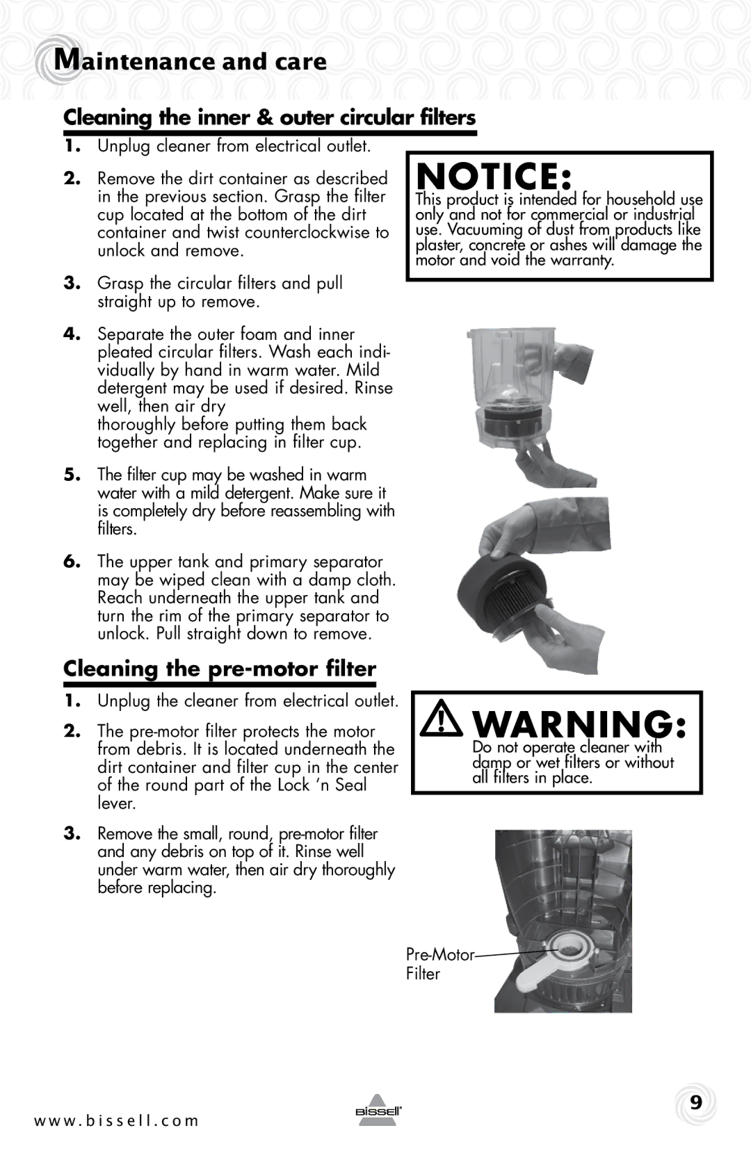 Bissell 80E7, 28F4 warranty Cleaning the inner & outer circular filters, Cleaning the pre-motor filter, Pre-Motor Filter 