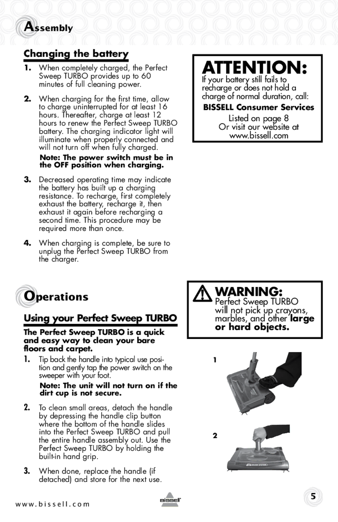 Bissell 29L6 warranty Operations, Changing the battery, Using your Perfect Sweep Turbo, Bissell Consumer Services 