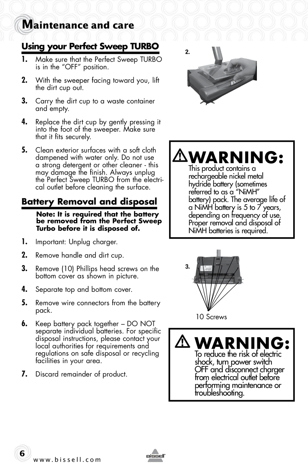 Bissell 29L6 warranty Maintenance and care, Battery Removal and disposal 