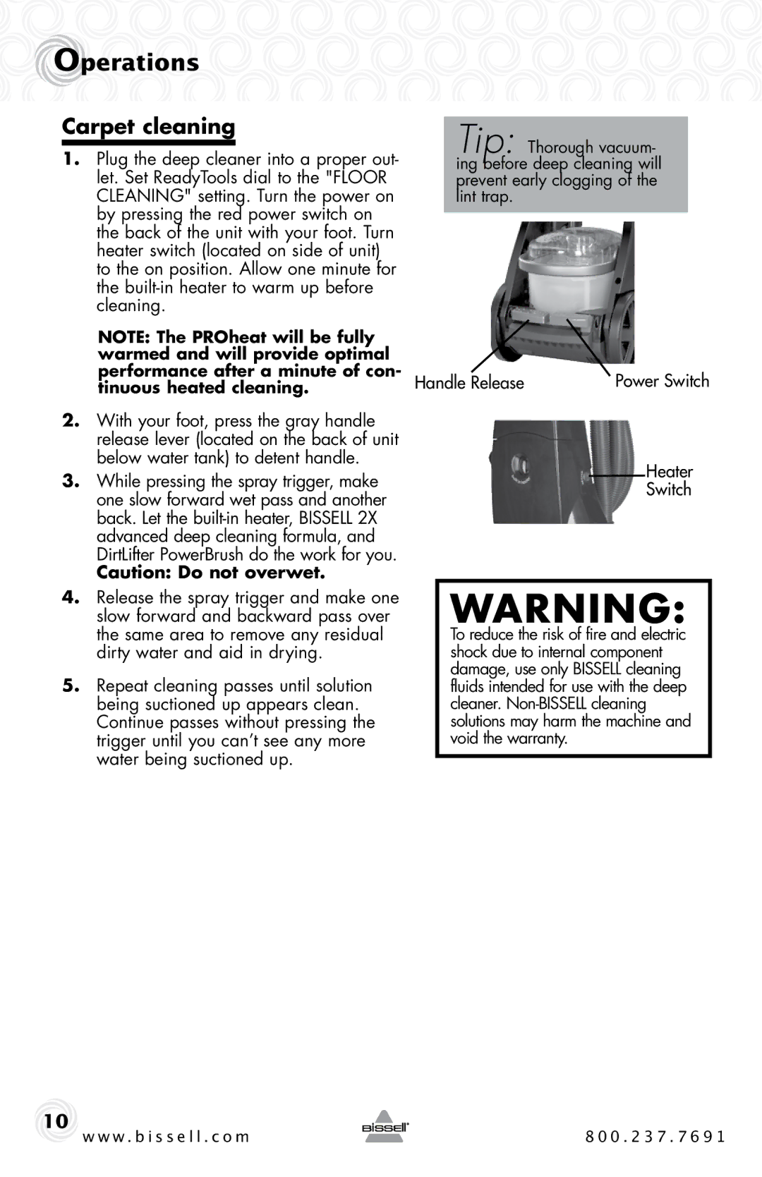 Bissell 2SA3 warranty Carpet cleaning, Handle Release, Heater Switch 