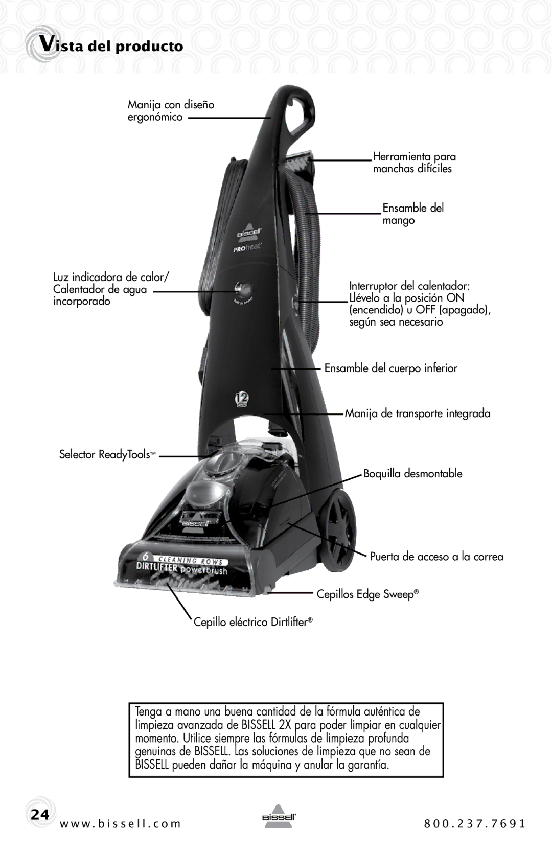 Bissell 2SA3 warranty Vista del producto, Manija de transporte integrada, Cepillos Edge Sweep, Cepillo eléctrico Dirtlifter 