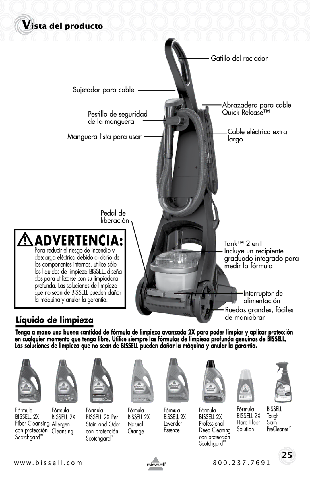 Bissell 2SA3 Líquido de limpieza, Sujetador para cable, Manguera lista para usar Pedal de liberación, Gatillo del rociador 