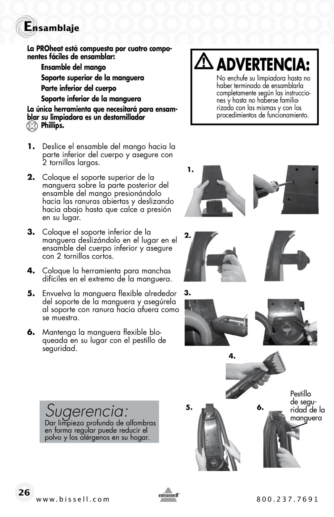 Bissell 2SA3 warranty Ensamblaje, Phillips, Ridad de la manguera 