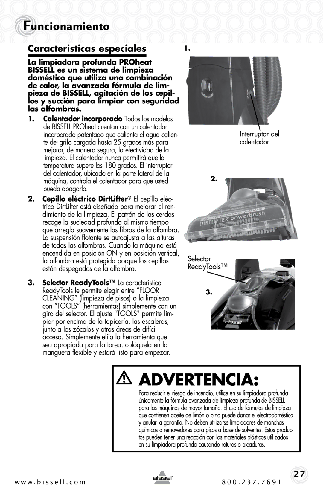 Bissell 2SA3 warranty Funcionamiento, Características especiales, Selector ReadyTools 