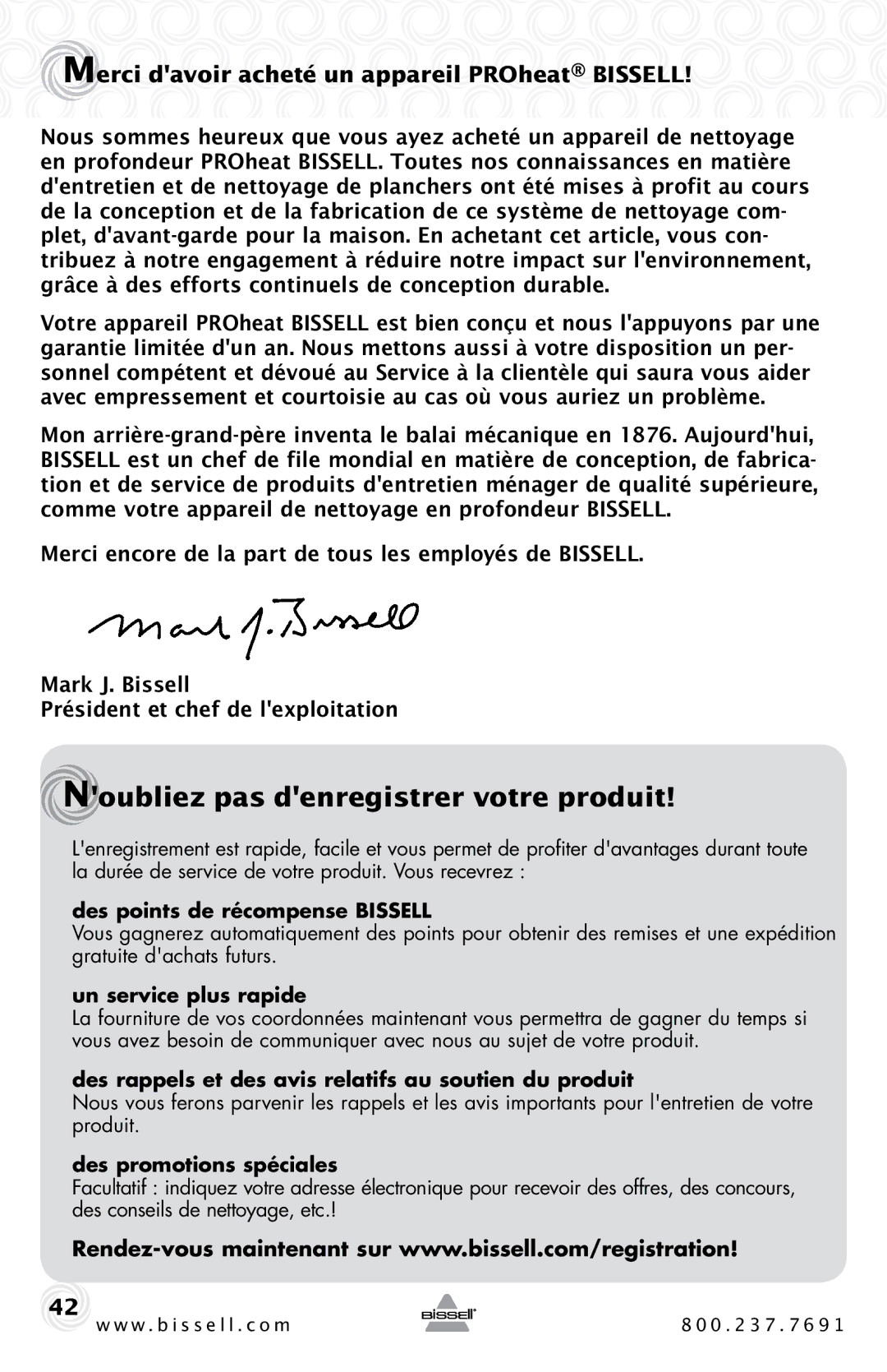 Bissell 2SA3 warranty Noubliez pas denregistrer votre produit, Merci davoir acheté un appareil PROheat Bissell 