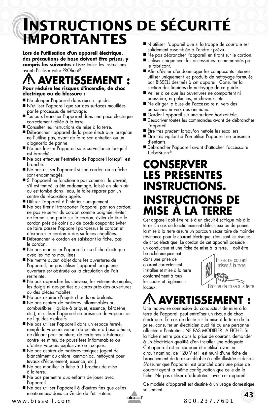 Bissell 2SA3 warranty Instructions DE Sécurité 