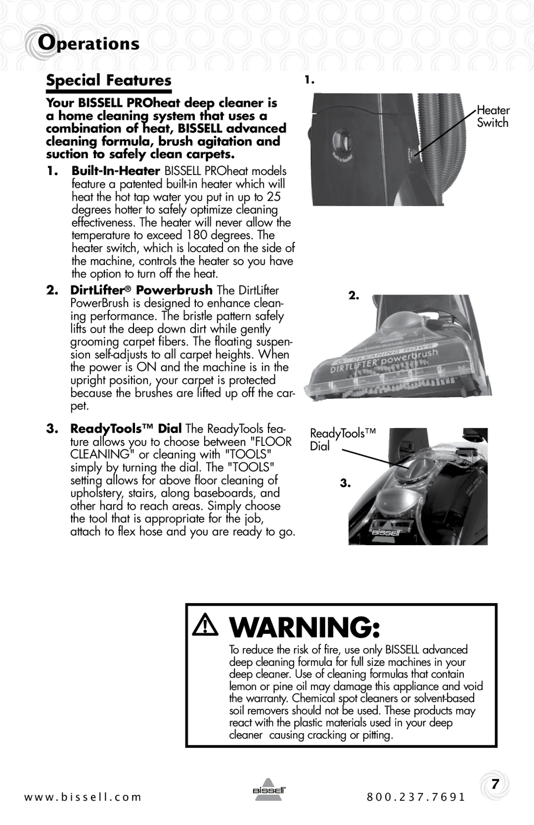 Bissell 2SA3 warranty Operations, Special Features 