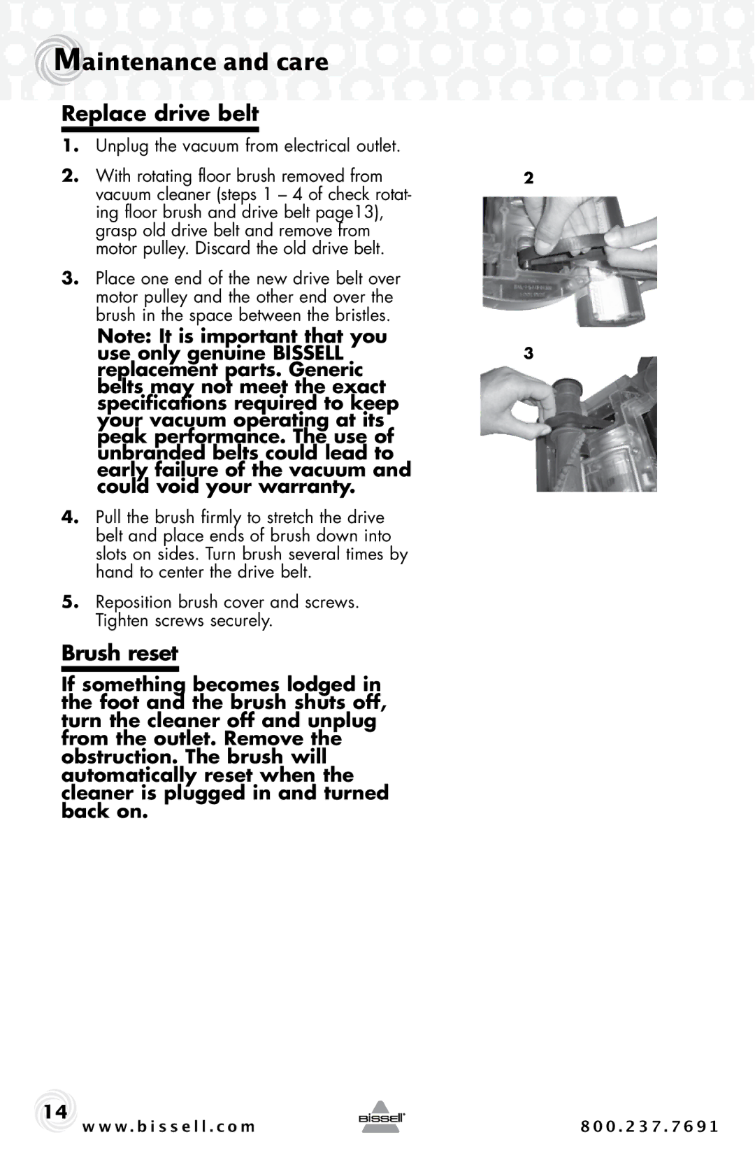 Bissell 30C7 warranty Replace drive belt, Brush reset 