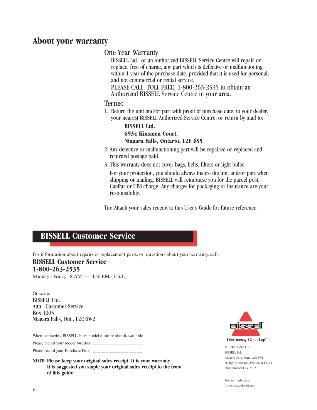 Bissell 3102, 3101 warranty Bissell Customer Service, One Year Warranty, Terms 