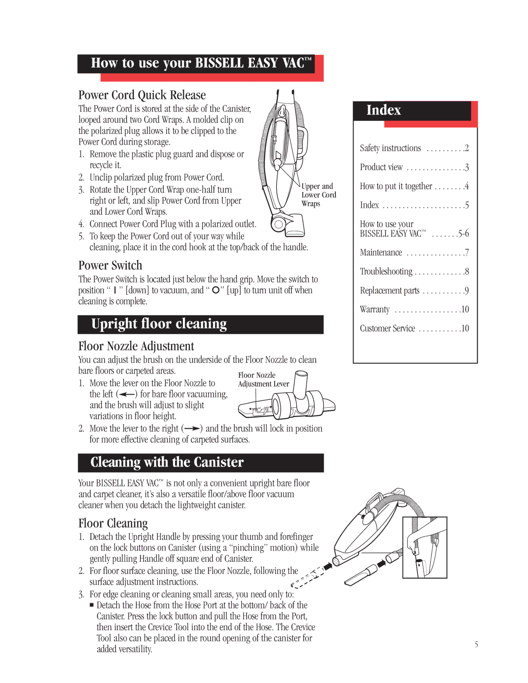 Bissell 3101, 3102 warranty How to use your Bissell Easy VAC, Upright floor cleaning, Cleaning with the Canister, Index 