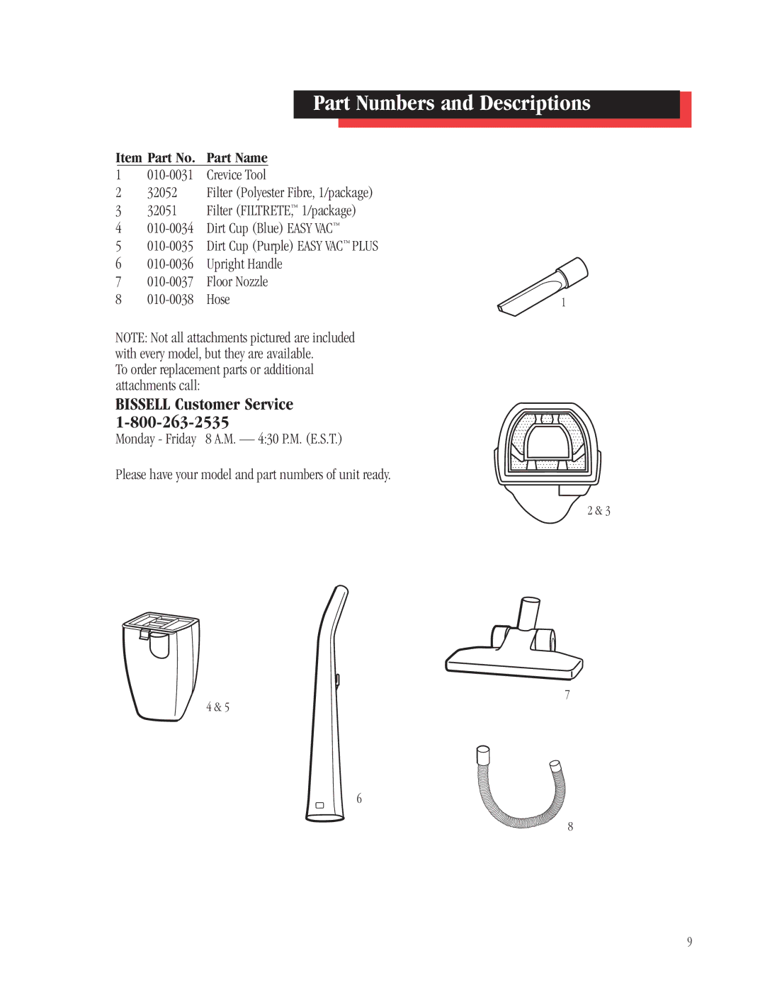 Bissell 3101, 3102 warranty Part Numbers and Descriptions, Item Part No. Part Name 