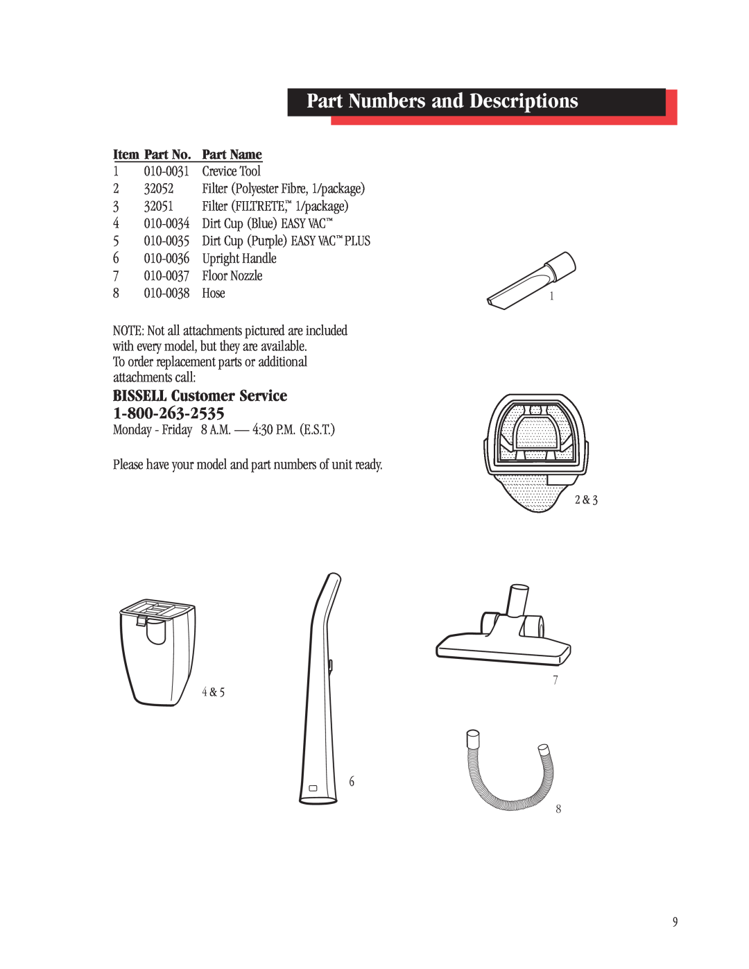 Bissell 3101, 3102 warranty Part Numbers and Descriptions, Item Part No. Part Name, BISSELL Customer Service 
