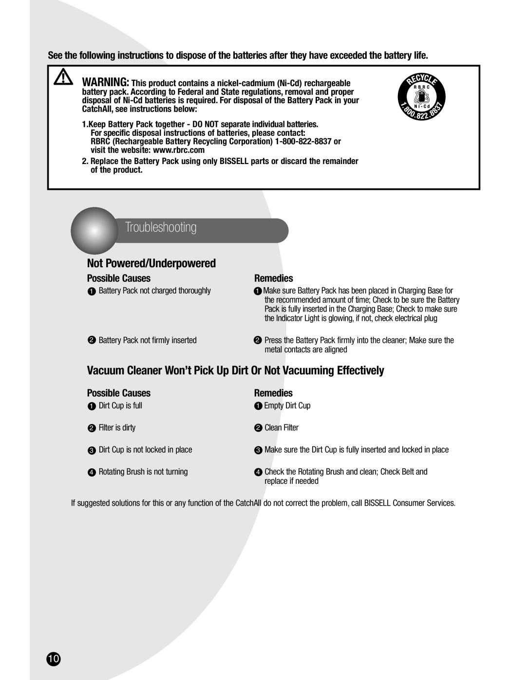 Bissell 3107 warranty Troubleshooting, Not Powered/Underpowered 